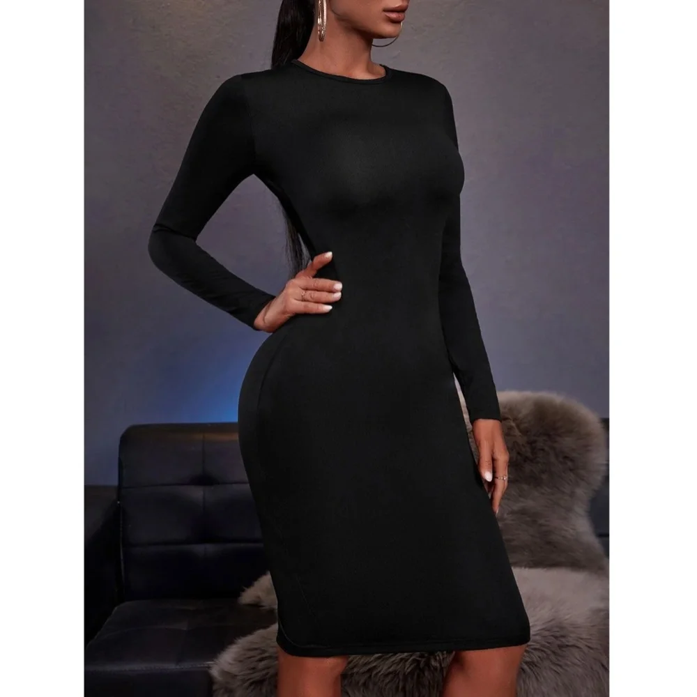 Black Sexy V-Cut Back Long Sleeve Slim Midi Dress Backless - Picture 3 of 9